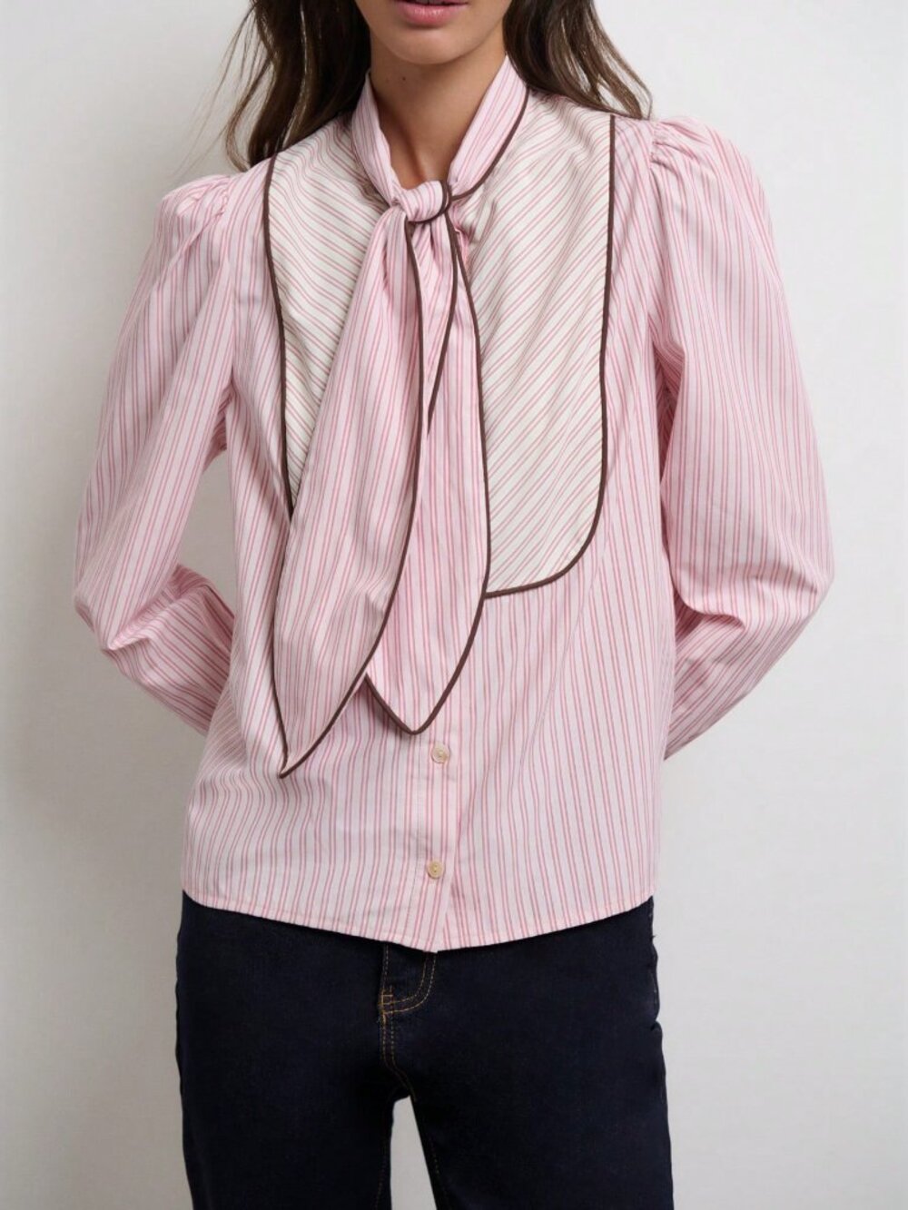 Pink Elegant Women's Regular Fit Pinstripe Tie-Neck Bishop Sleeve Shirt - Picture 5 of 7